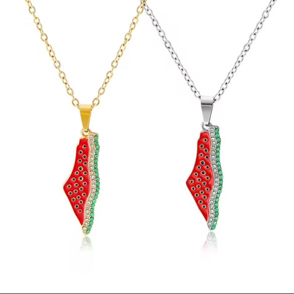 Stainless Steel Watermelon Crystal Pendant Necklace