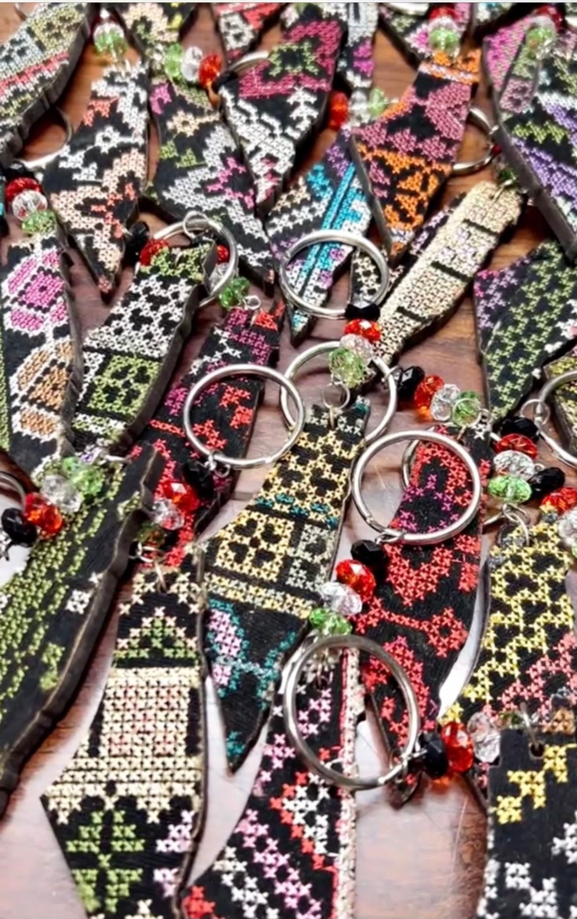Wooden Tatreez Embroidered Keychain