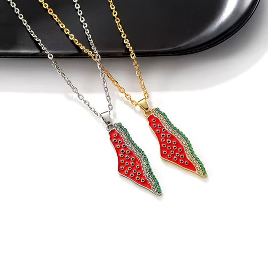 Stainless Steel Watermelon Crystal Pendant Necklace