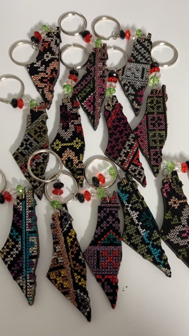 Wooden Tatreez Embroidered Keychain